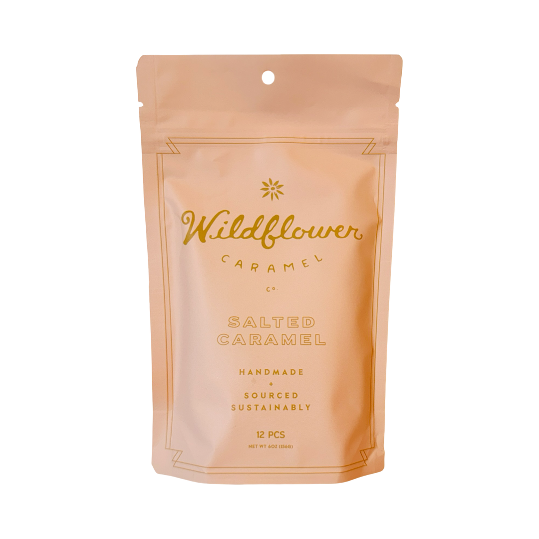 Photo of branded resealable pouch containing salted caramel candy