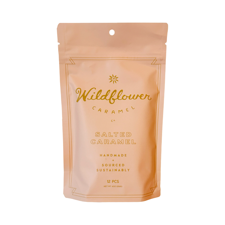 Photo of branded resealable pouch containing salted caramel candy