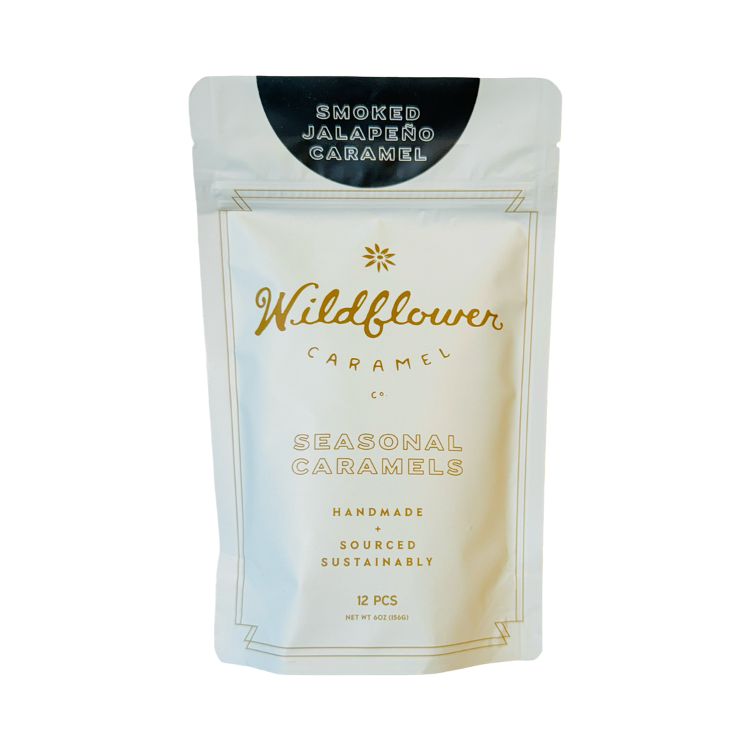 Photo of branded resealable pouch containing smoked jalapeno caramel candy