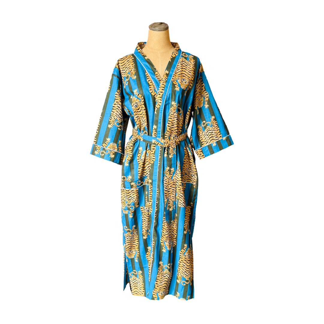 Striped Tiger Print Kimono Robe - Blue & Green