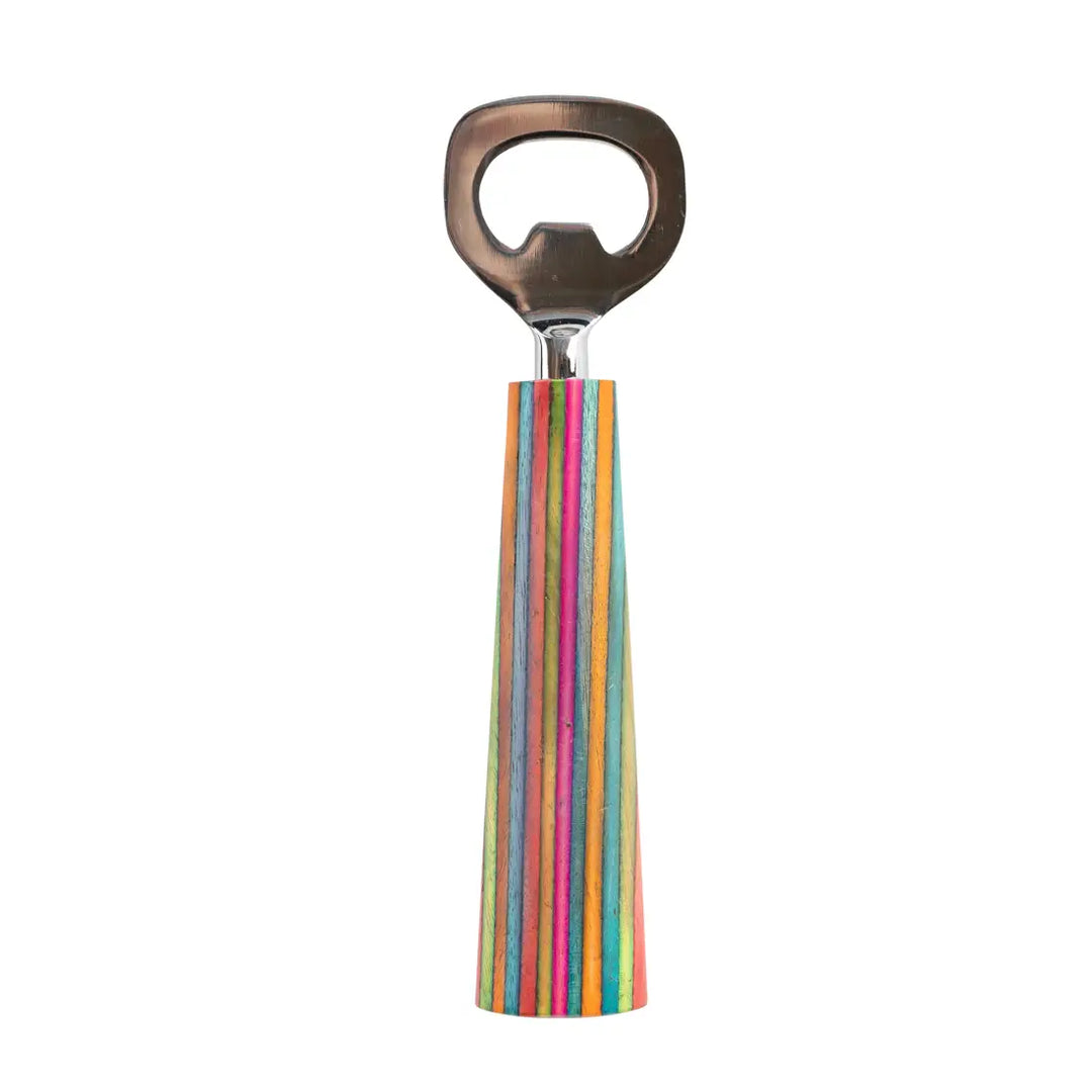 Bottle opener with a stainless steel head and a tapered wooden handle decorated with colorful vertical stripes in shades of pink, green, yellow, blue, and orange.