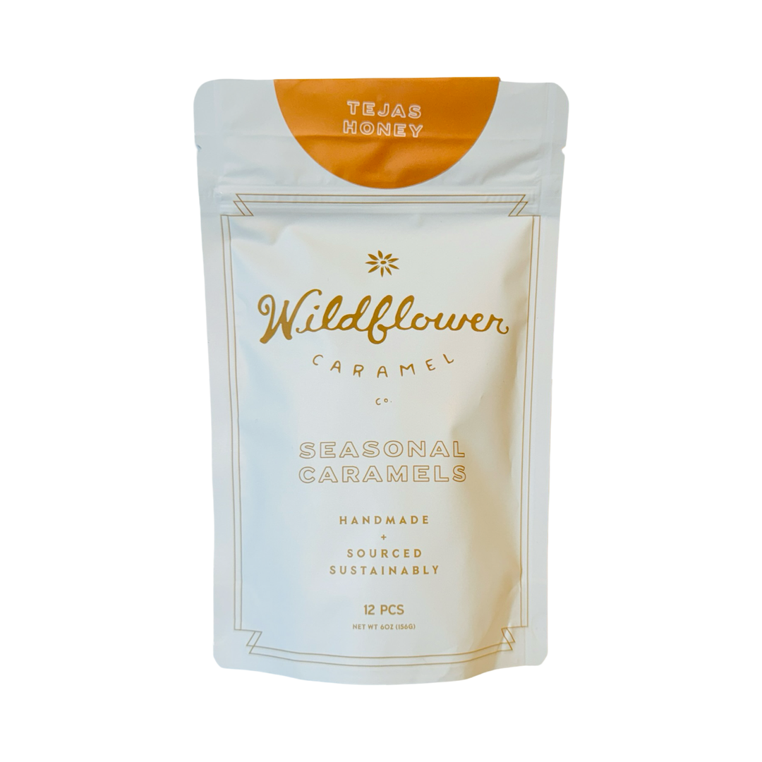Photo of branded resealable pouch containing tejas honey caramel candy