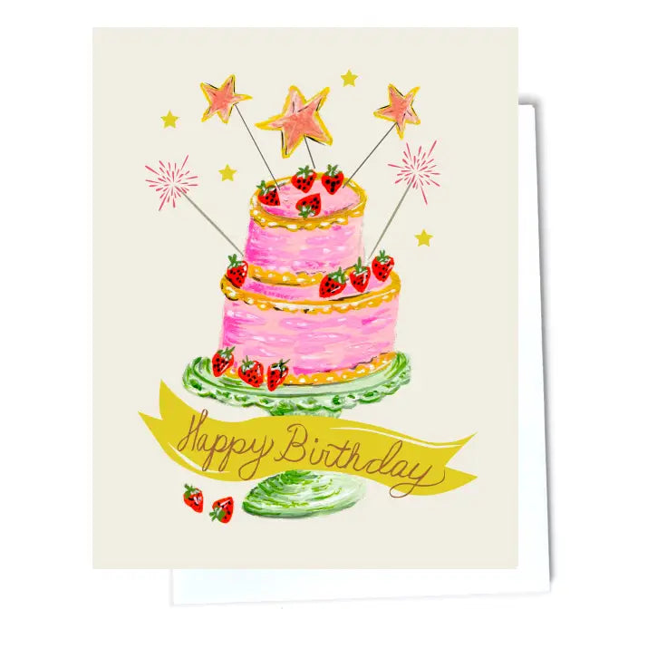 Birthday card with a pink tiered cake topped with sparkler stars and decorated with strawberries, surrounded by stars and fireworks, and "Happy Birthday" written on a yellow ribbon.