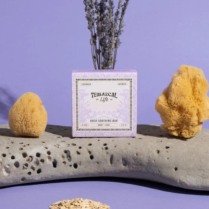 Temazcal Life Xoco Soothing Bar in lavender and oatmeal scent displayed on a textured stone surface with natural sea sponges, a small bundle of dried lavender, and scattered oats against a soft purple background.