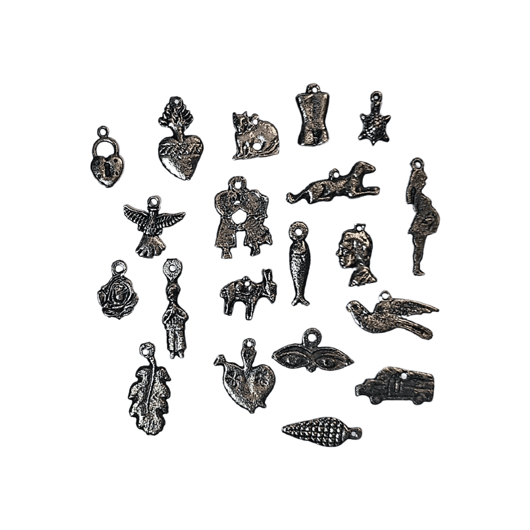 20 dark silver milagro charms in various shapes
