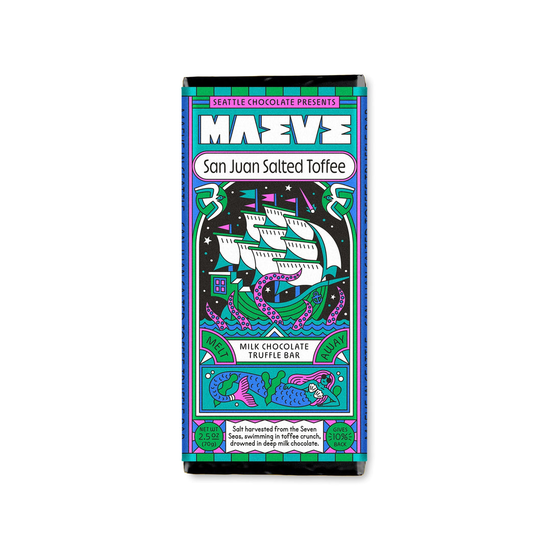 A Maeve San Juan Sea Salt Milk Chocolate Truffle Bar in a colorful, nature-sailor and ocean theme featuring a ship, tenacles and mermaid. The packaging highlights the flavor combination of milk chocolate, crunchy toffee, and Pacific sea salt, with a net weight of 2.5 oz (70 g).