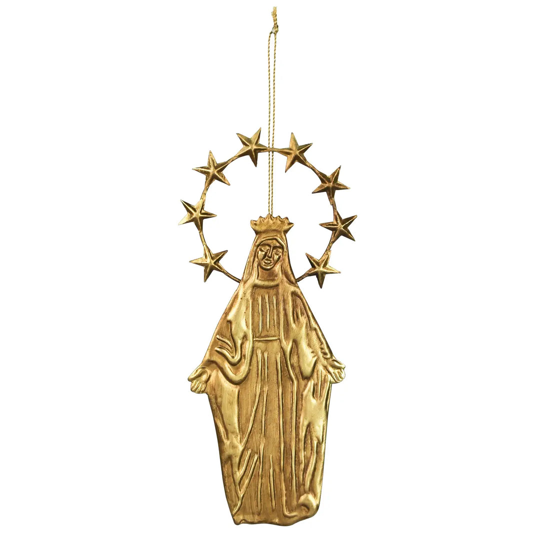 Handcrafted gold tin ornament depicting Our Lady of Guadalupe with a crown and a halo of stars, ideal for holiday décor