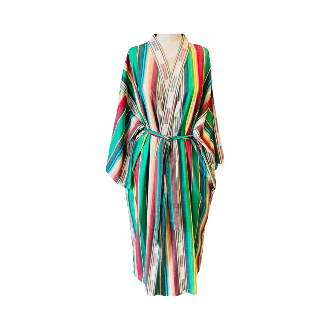Green ikat striped cotton robe