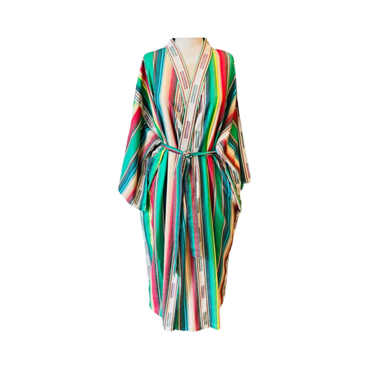Green ikat striped cotton robe