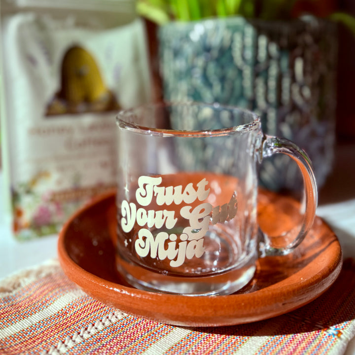 Photo of clear glass mug with the phrase "Trust Your Gut Mija" in ivory, bold, script  lettering with star accents
