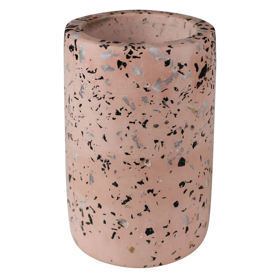 tall pink clay cup with gray and black speckles