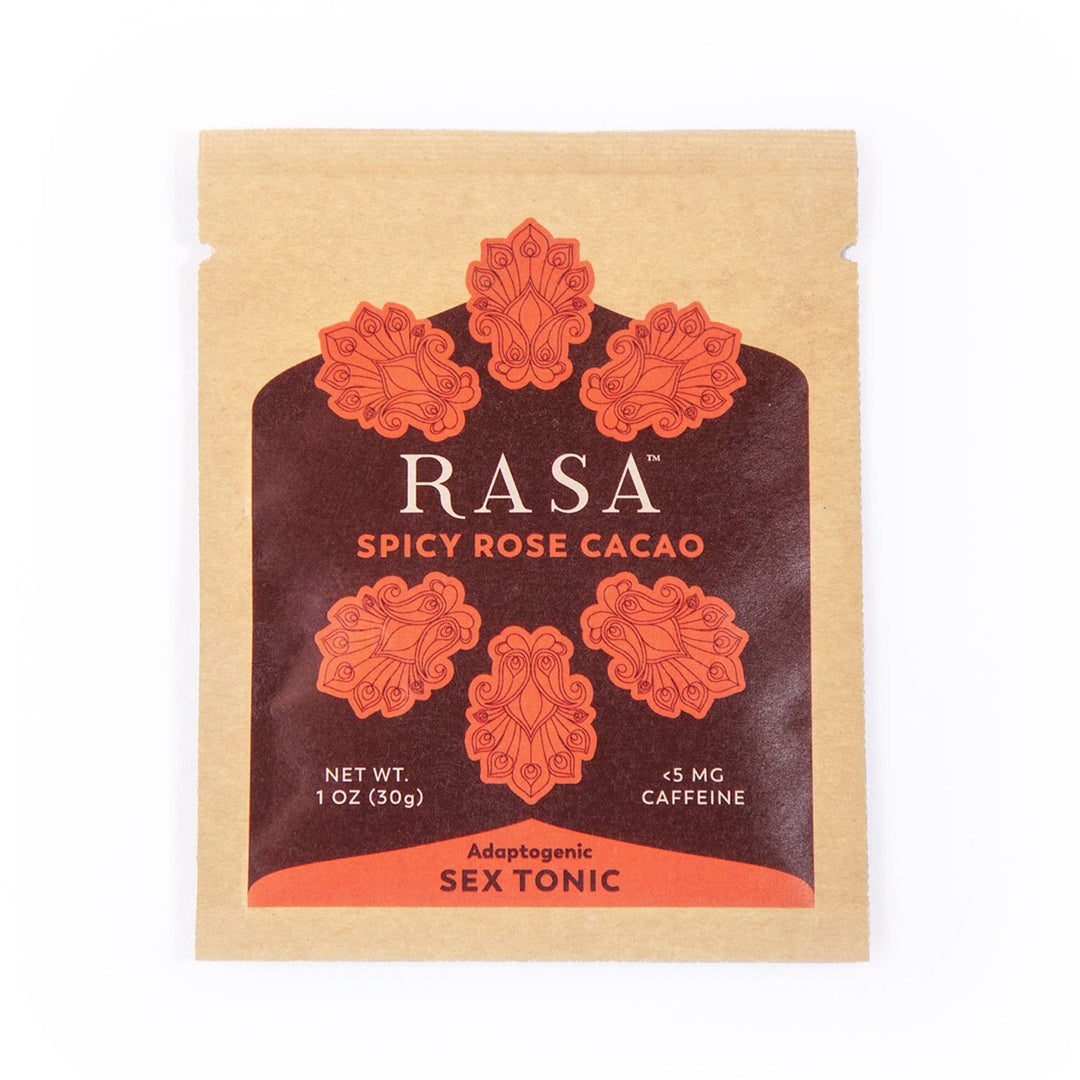 1 oz kraft pouch with a branded maroon and pink label featuring a filagree design