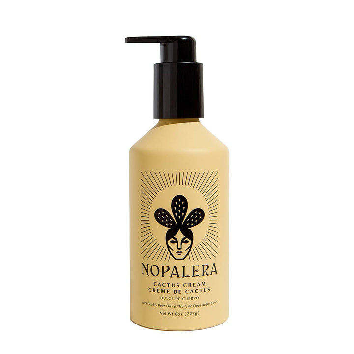 8 oz beige bottle of cactus cream featuring an image of a woman wearing a cactus crown. Brand: Nopalera
