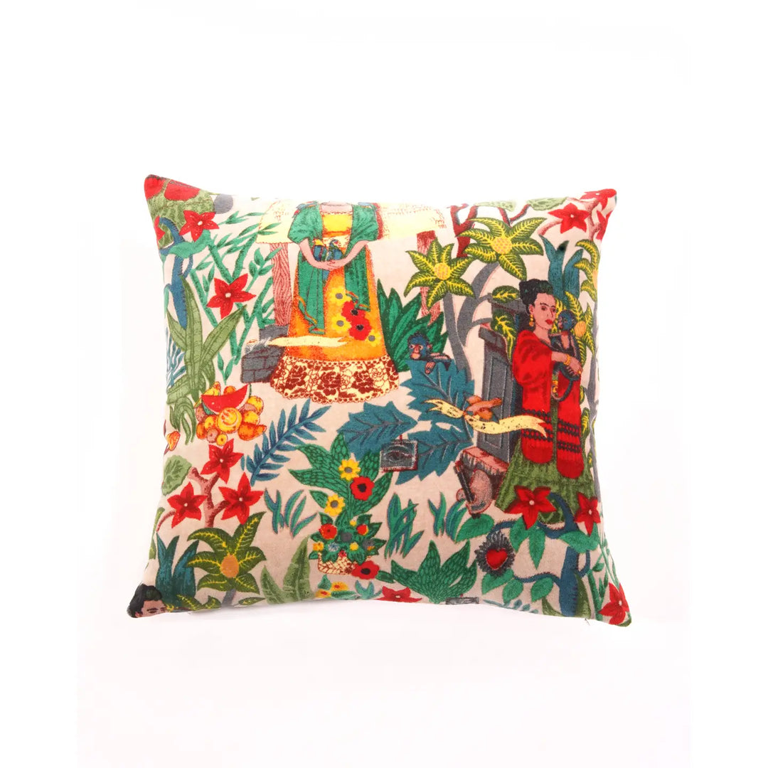 Cream square pillow cover with a Frida Kahlo tropical design.