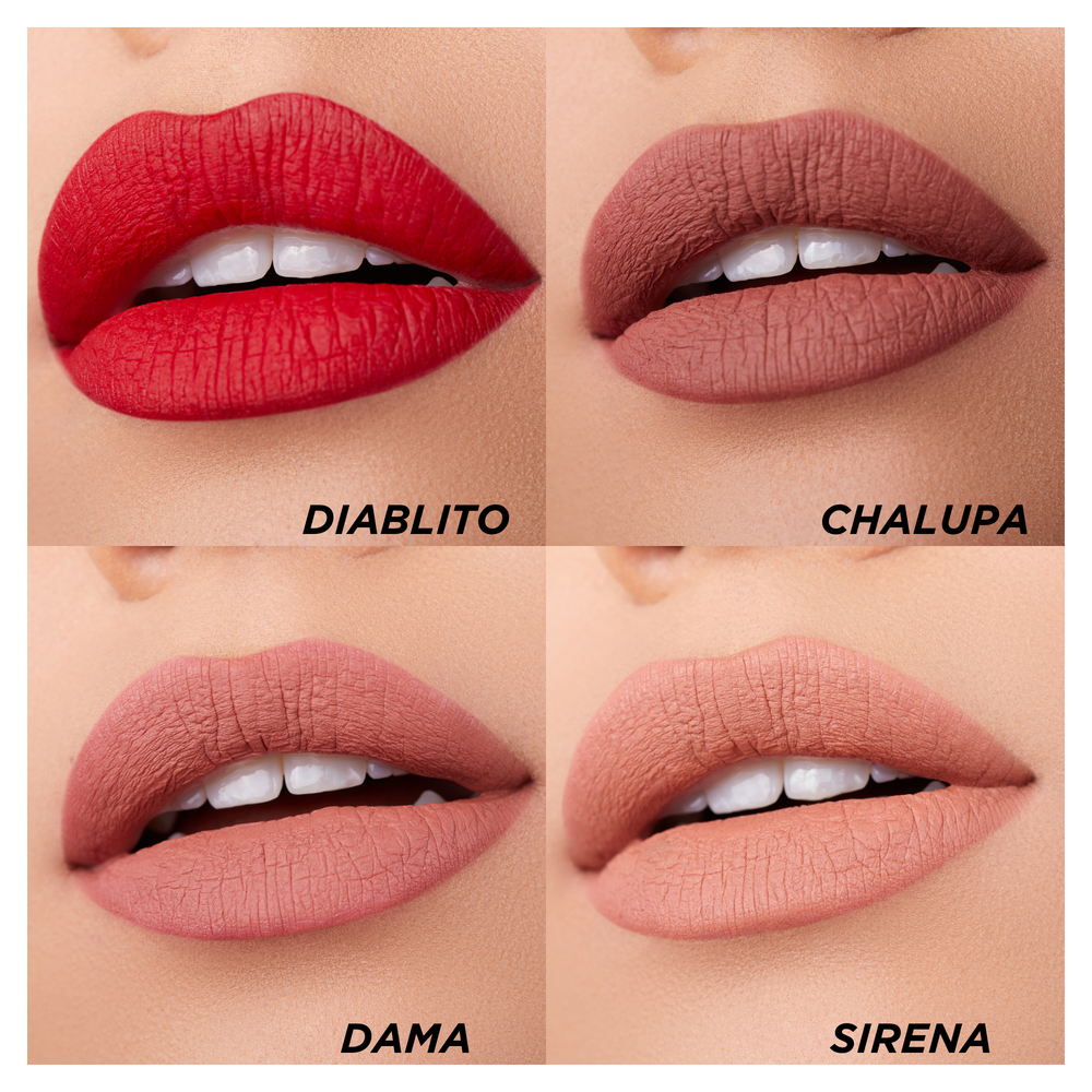 a photo grid of 4 pair of lips wearing various shades of pink, red and nude lip color with the name of the lip color in black letteringBrand: Araceli Beauty