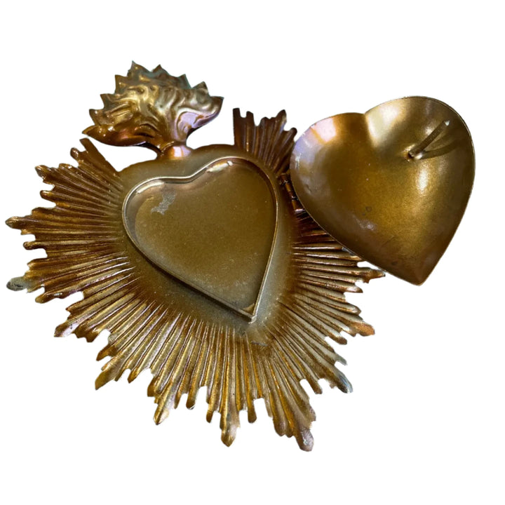 Flaming Sacred Heart Box with intricate flame details, a hinged compartment, and a radiant golden finish.