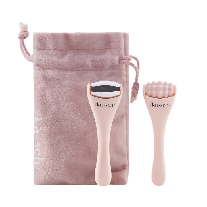 a pink pouch with a set of pink mini eye and face rollers.