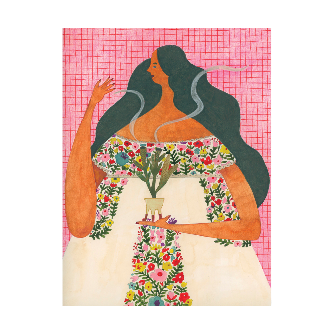 Whimsical illustration of brunette woman wearing a floral blouse holding a copalero containing burning Palma Dulce.