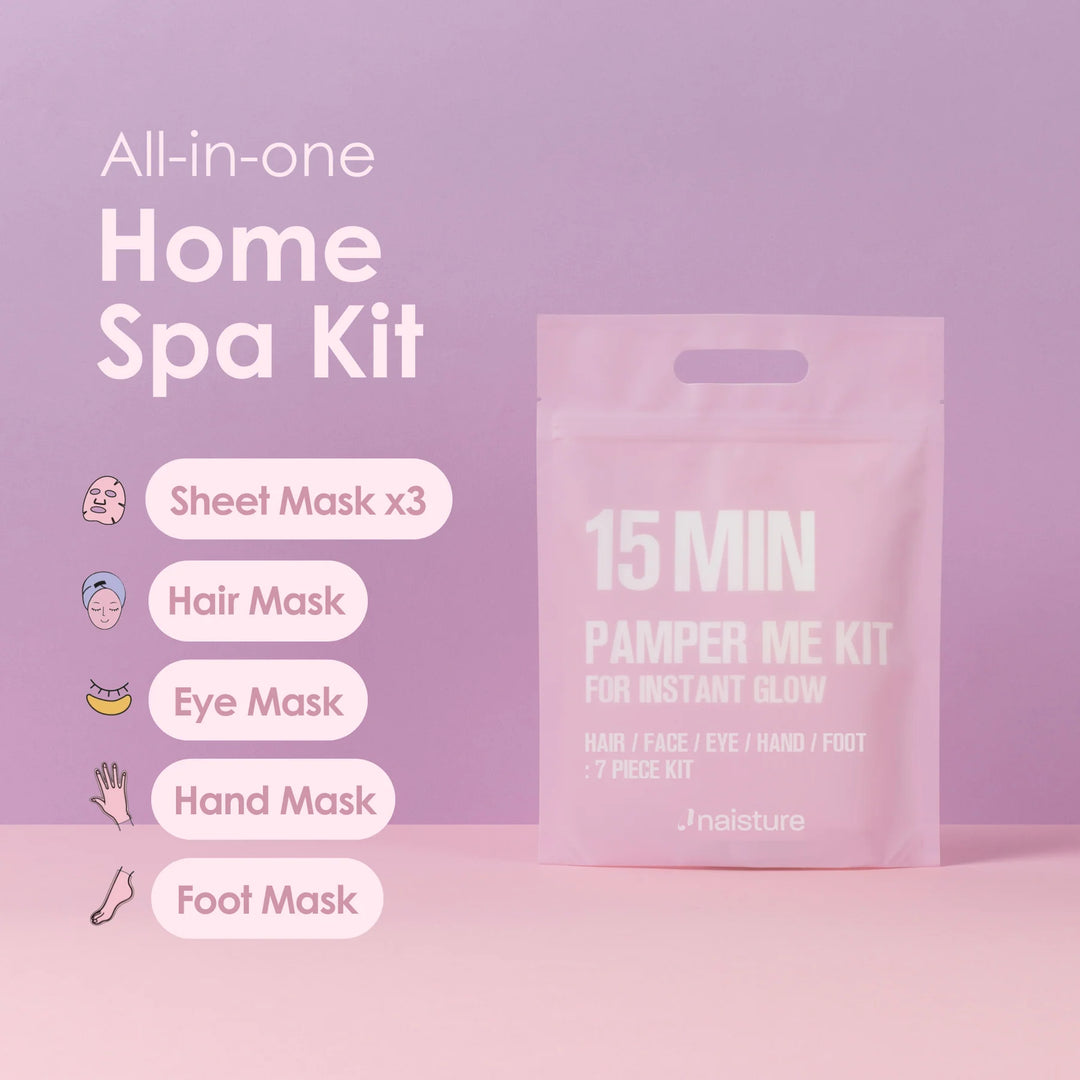 All-in-one home spa kit with packaging and list of included items on a pink background