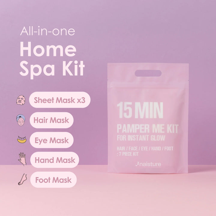 All-in-one home spa kit with packaging and list of included items on a pink background