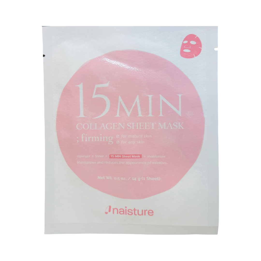 White pouch with round light pink label reading "15 MIN COLLAGEN SHEET MASK" and additional content descriptions.