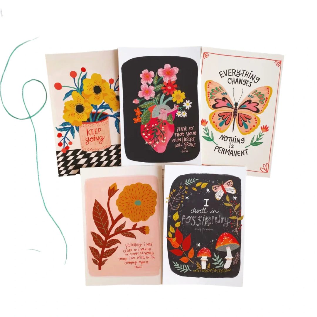 A set of 5 vibrant postcards featuring inspirational quotes and illustrations, including flowers, butterflies, and nature-themed designs.