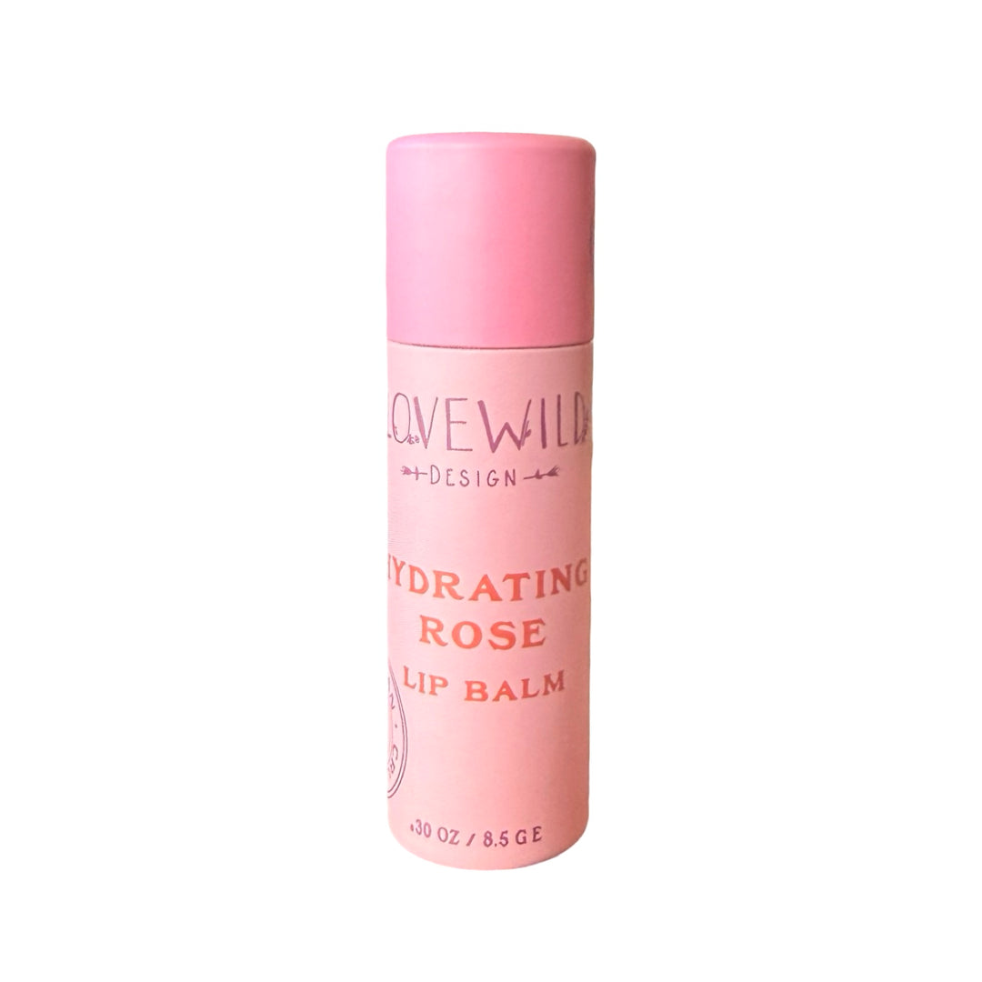 Pink lip balm tube with red lettering 