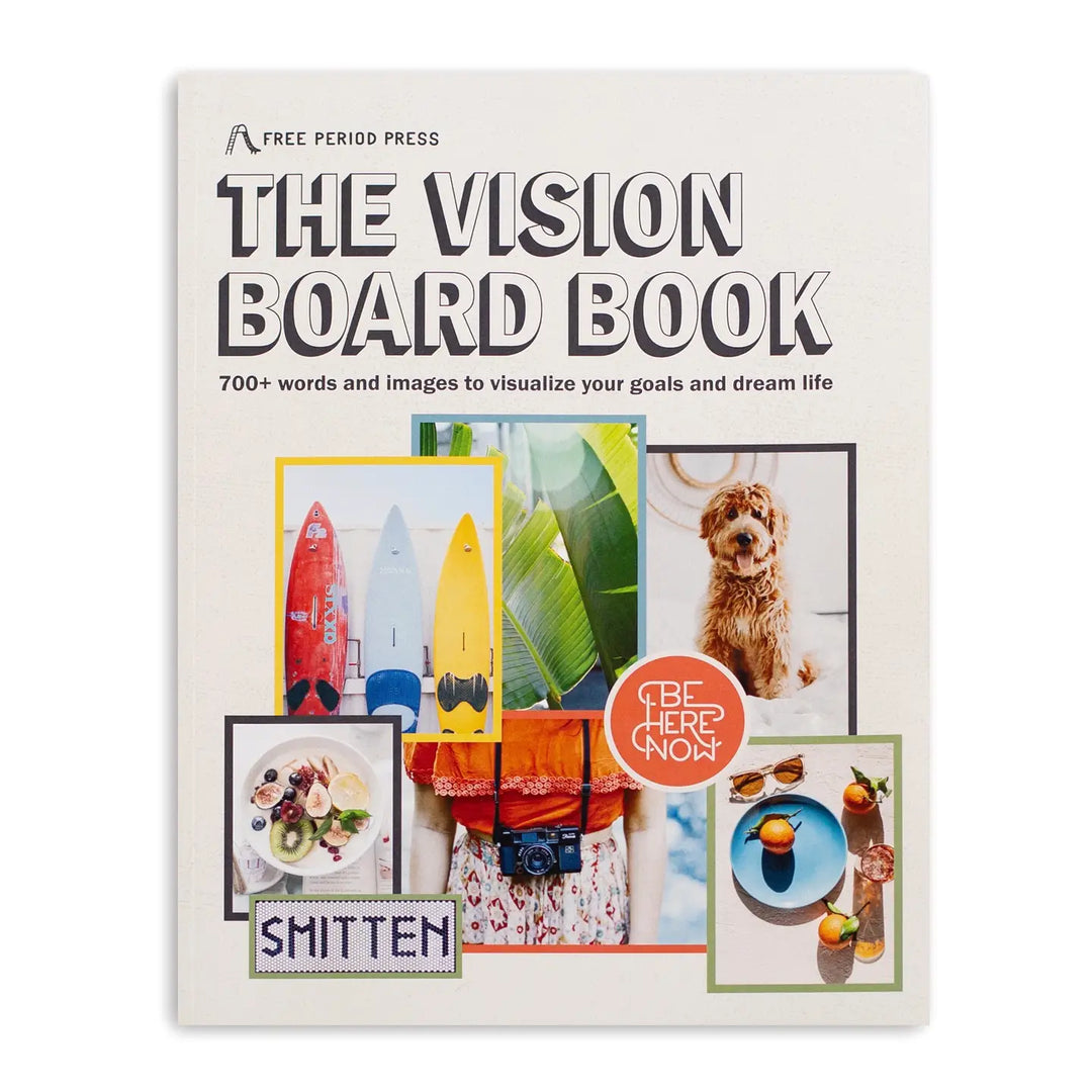 Front cover of The Vision Board Book featuring a collage of colorful images, including surfboards, tropical leaves, a dog, a fruit plate, a camera, and a blue plate with oranges. The title reads “The Vision Board Book: 700+ Words & Images to Visualize Your Goals and Dream Life.”