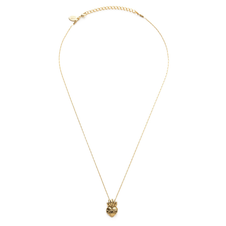 a gold sacred heart pendant necklace with a gold chain. Brand: Amano Studio