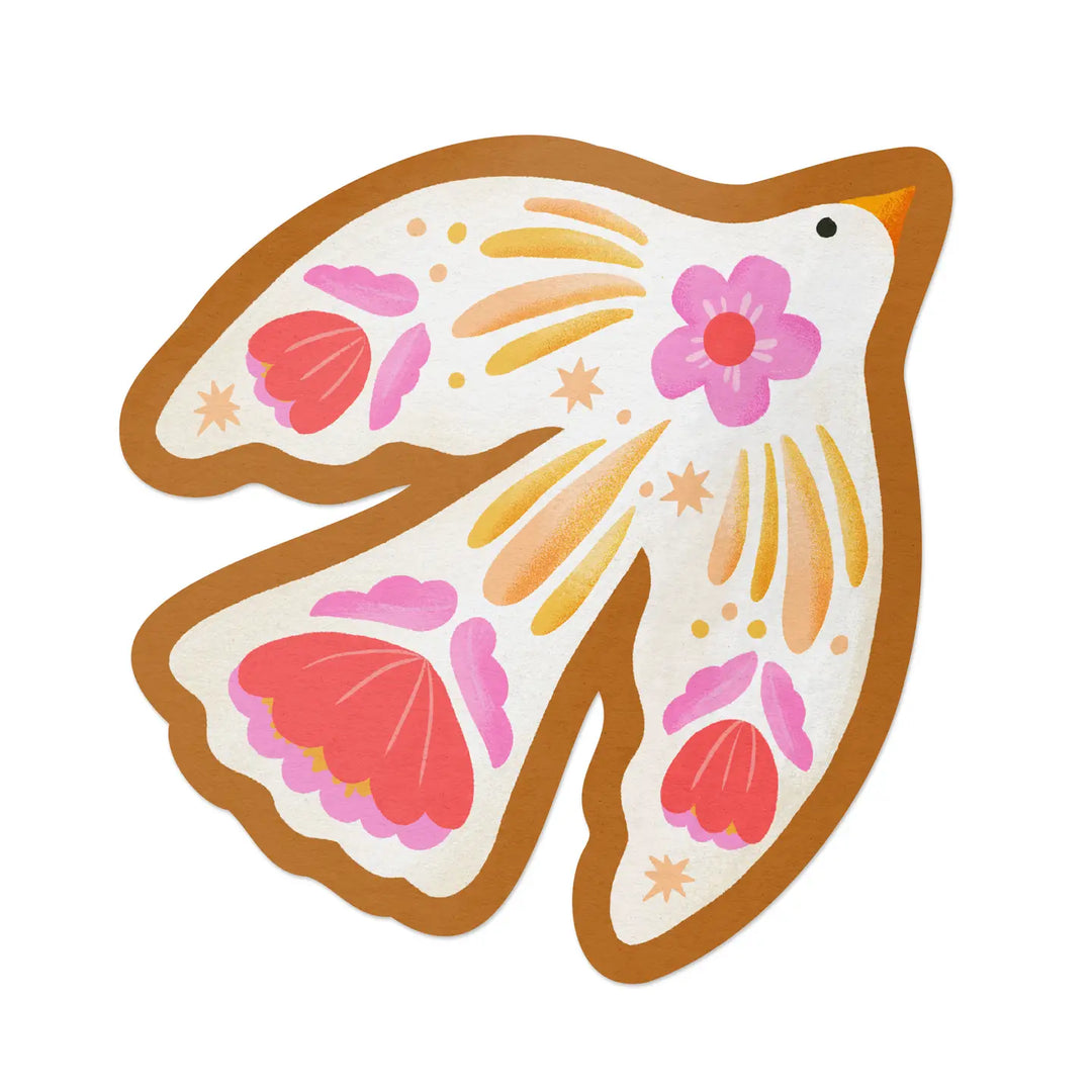 A folk-art style sticker of a flying dove with a tan outline, decorated with pink, coral, and yellow floral and starburst patterns on its wings and body.