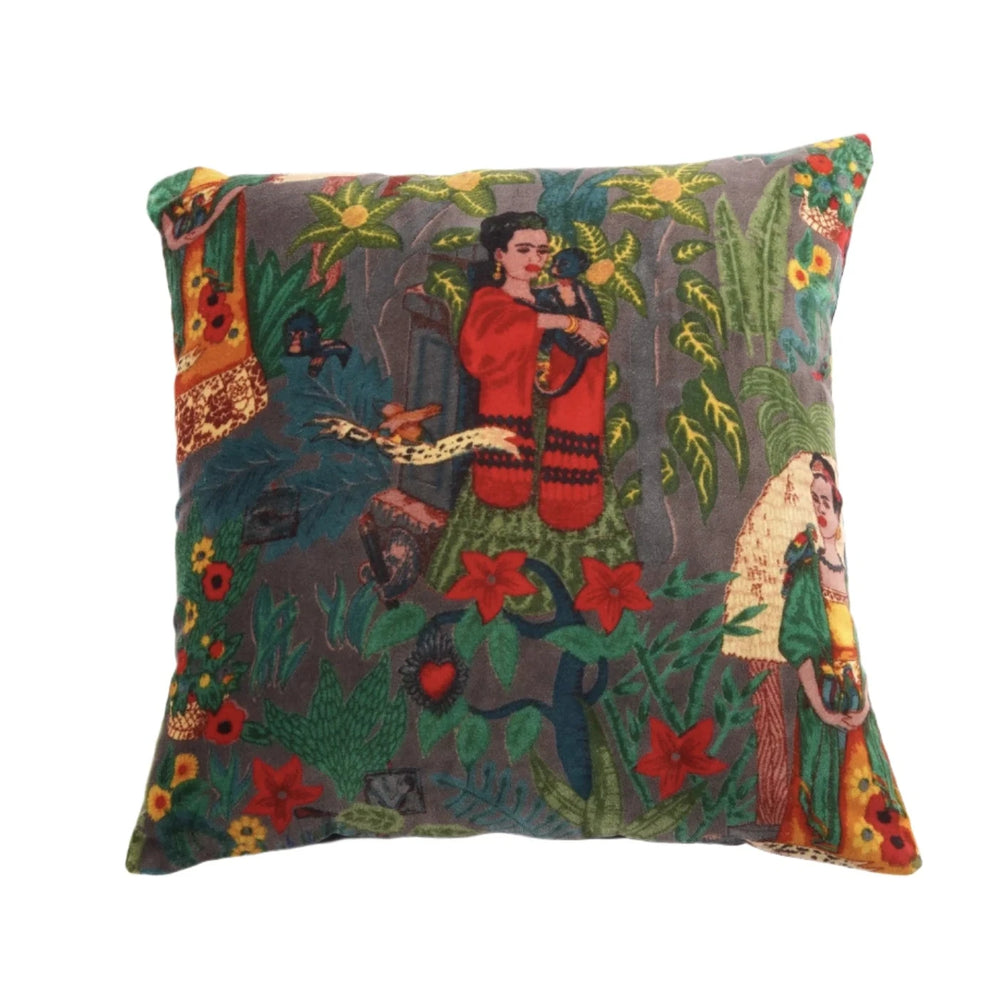 Slate square pillow cover with a Frida Kahlo tropical design.