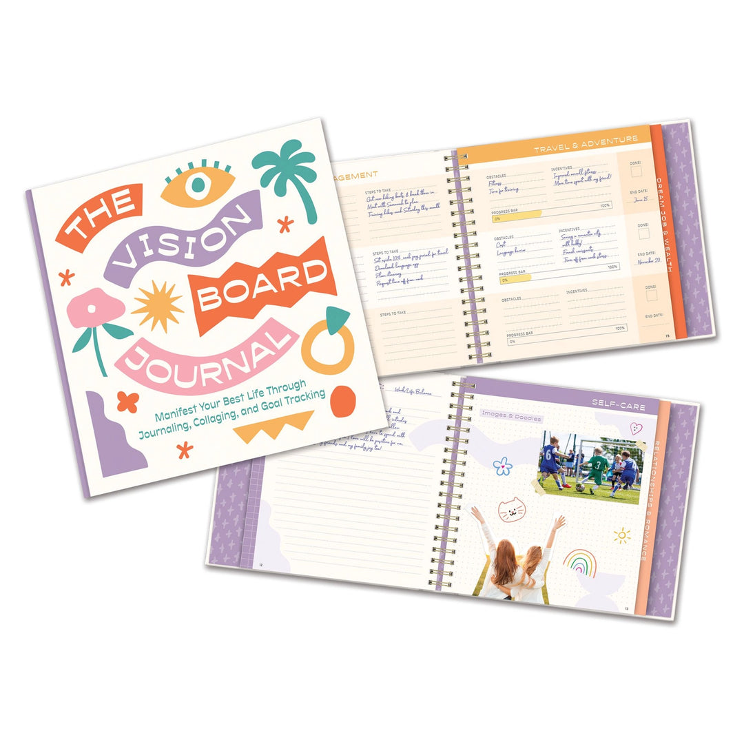 Square guided journal titled “The Vision Board Journal” with colorful illustrations on the cover, shown with open interior pages featuring prompts, writing spaces, and collage sections.