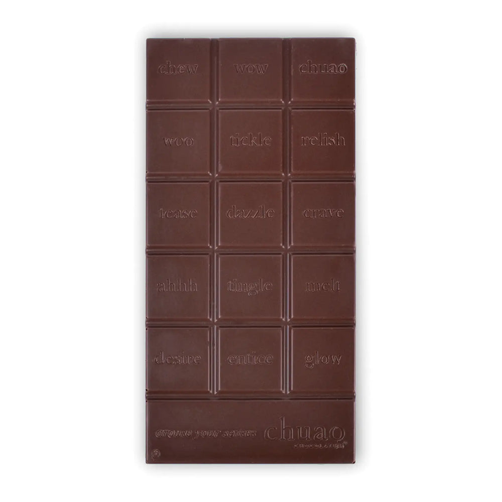 bar of chocolate bar with various words stamped on each square piece.
