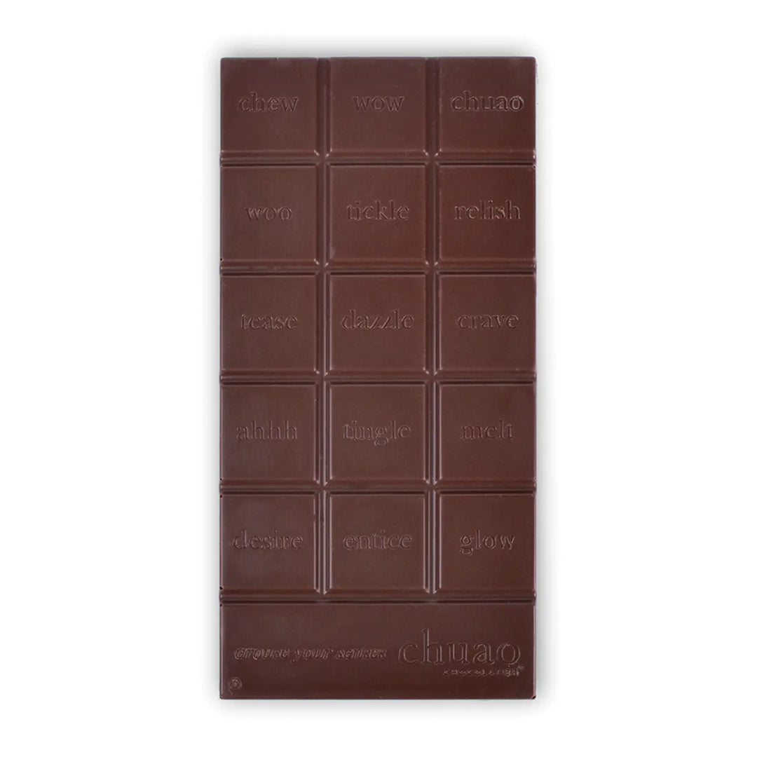 bar of chocolate bar with various words stamped on each square piece.
