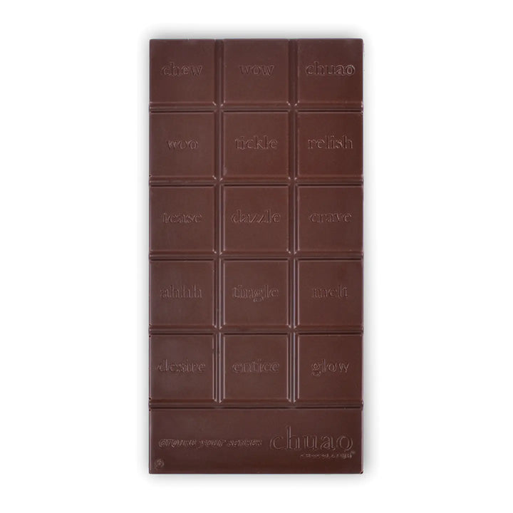 bar of chocolate bar with various words stamped on each square piece.