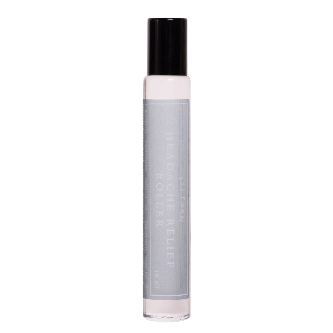 10ml Headache Relief Roller in a slim glass bottle with a black cap and soft gray label.