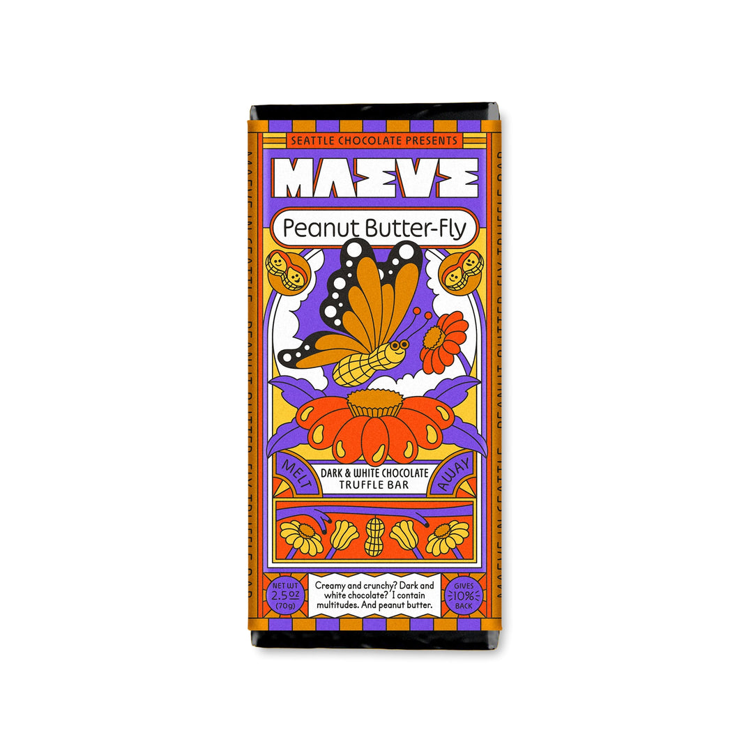 A Seattle Chocolate Maeve Peanut Butter-Fly Truffle Bar in colorful packaging featuring a whimsical butterfly sitting on a peanut butter cup, surrounded by flowers and peanut illustrations. The bar is described as a blend of dark and white chocolate with crunchy peanut butter, and the packaging notes that a portion of proceeds is donated to charity.