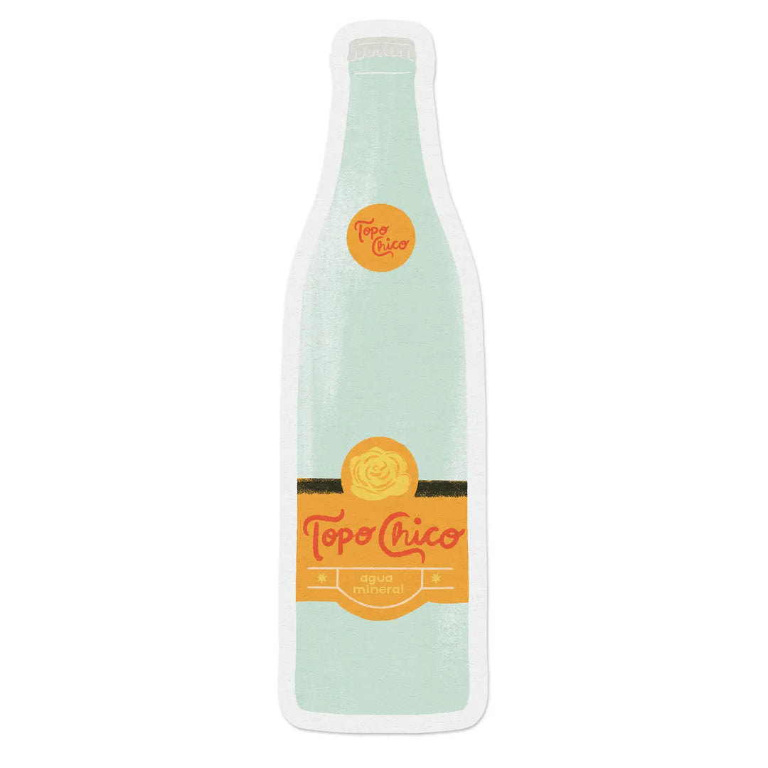 A die cut sticker shaped like a Topo Chico glass bottle with a mint green body and the classic orange label reading "Topo Chico Agua Mineral."