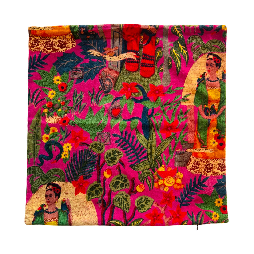 Fuchsia square pillow cover with a Frida Kahlo tropical design.