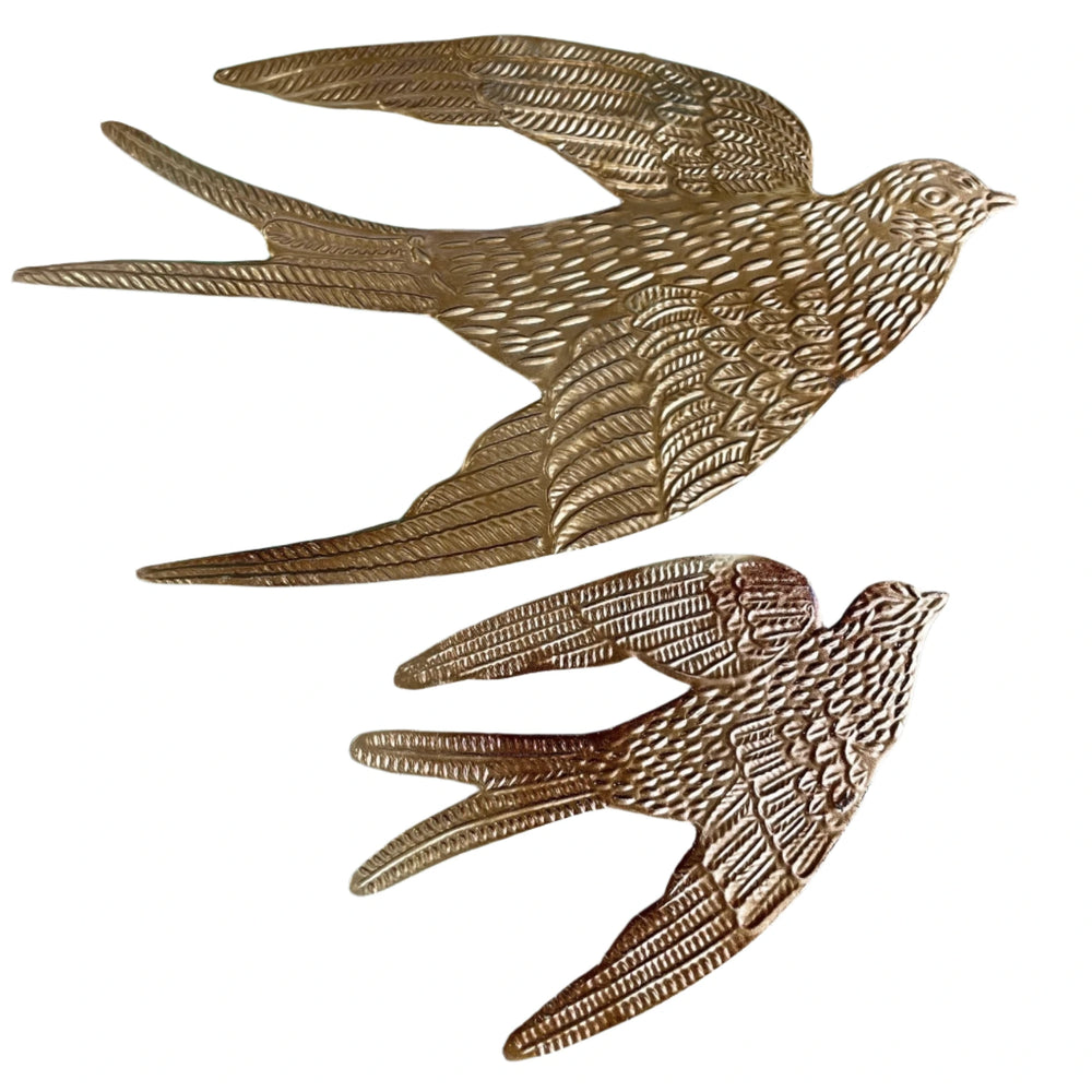 set of tin wall hanging of doves with a gold finish