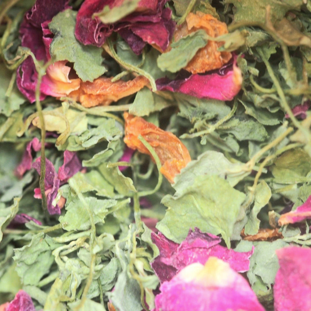 close up view of dried rose petals and fenugreek leaves. Brand: Loveyenergy & Blessings