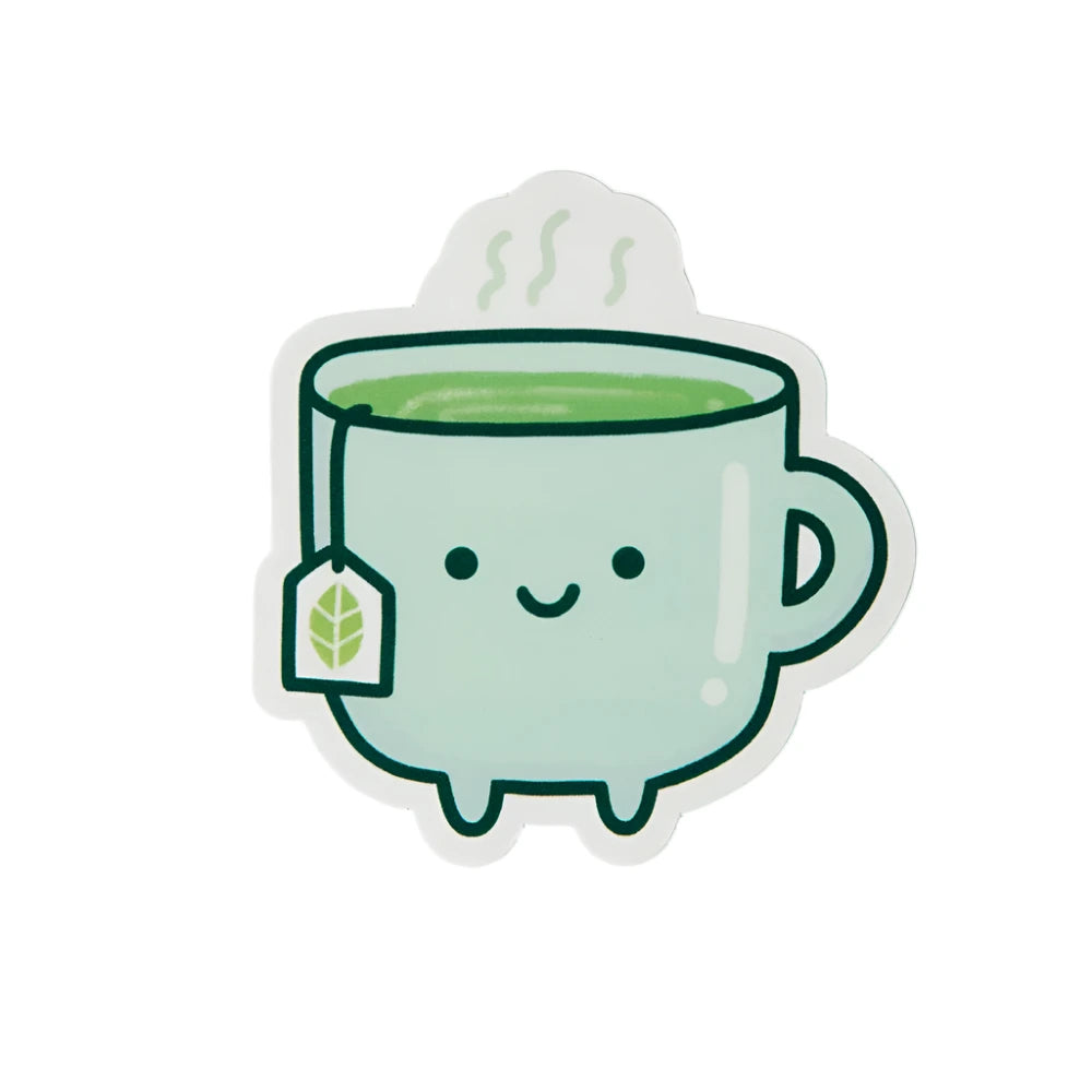 A cute sticker of a smiling green tea cup with steam rising from it and a tea bag hanging from the side