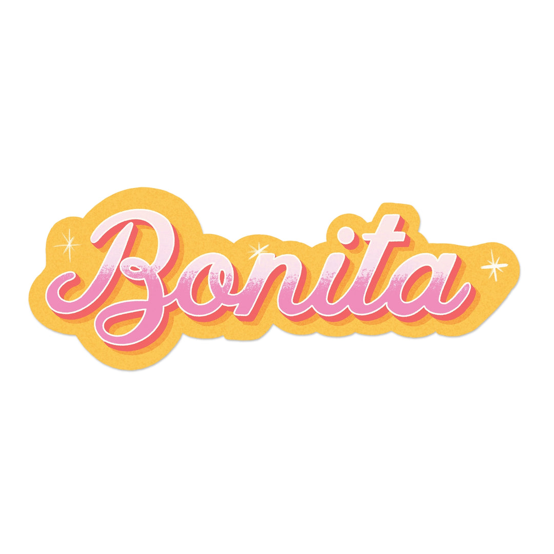 A vibrant sticker with the word "Bonita" in pink script outlined in white, set against a yellow background with sparkle accents.