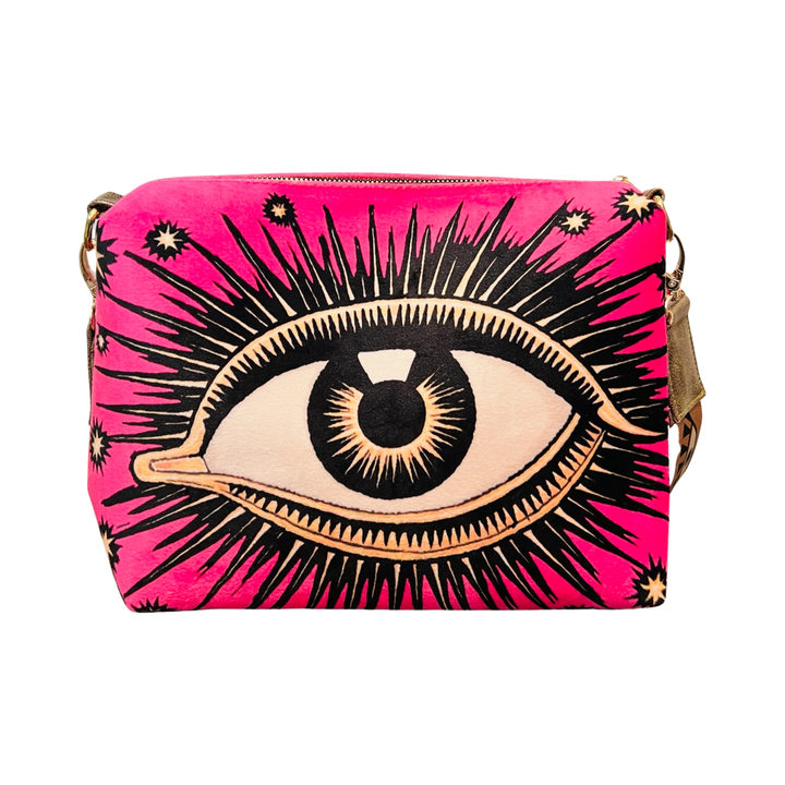 hot pink bag with an image of an eye featuring eyelashes and stars