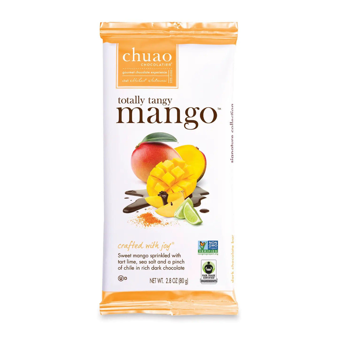2.8 oz pouch totally tangy mango chocolate with a white and orange branded label featuring sliced mango and chocolate.