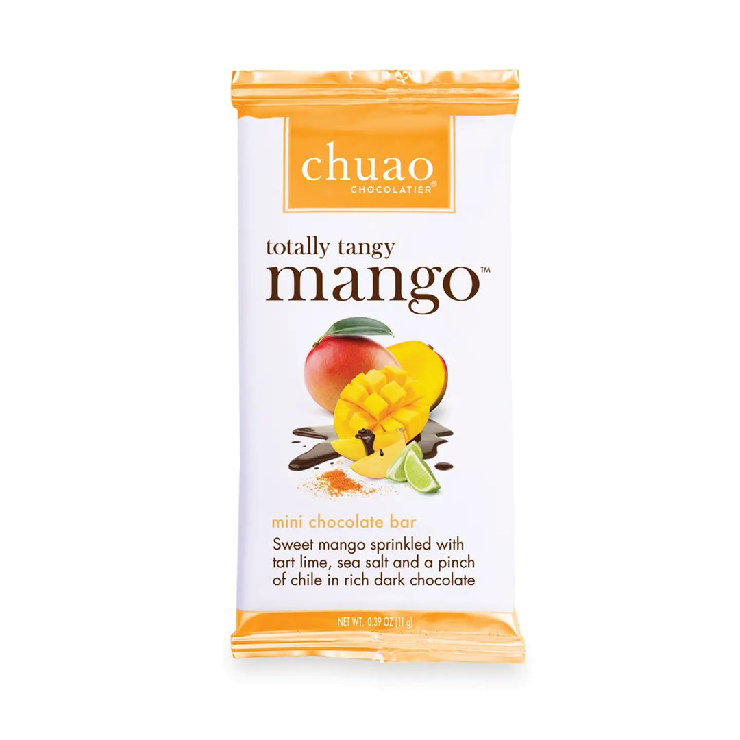 0.39 oz pouch of totally tangy mango chocolate with a white and orange branded label featuring sliced mango and chocolate.