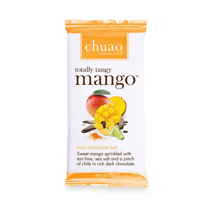 0.39 oz pouch of totally tangy mango chocolate with a white and orange branded label featuring sliced mango and chocolate.