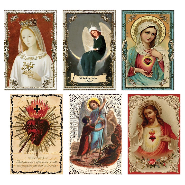 Set of six mini matchboxes featuring religious imagery of saints and angels.