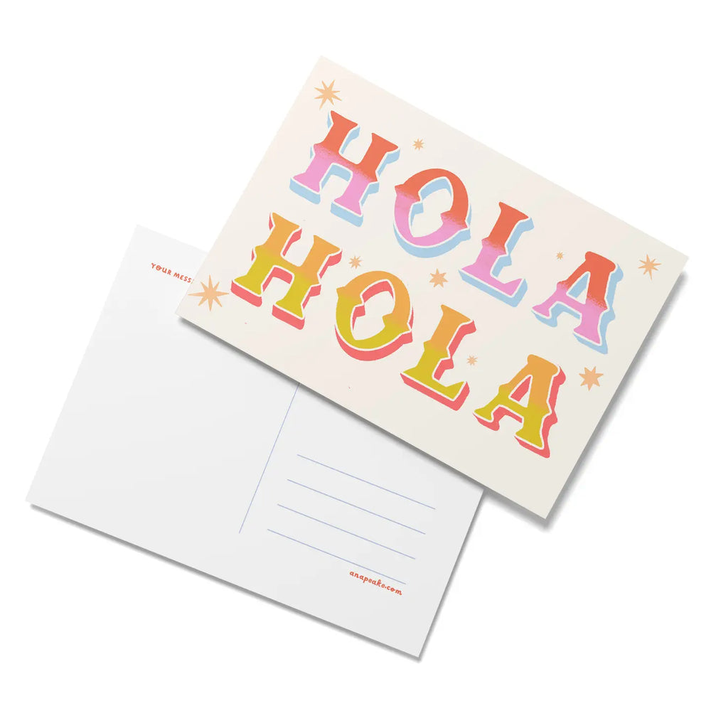 A colorful postcard with the word “HOLA” repeated twice in bold, retro-style letters in shades of pink, blue, orange, and yellow, surrounded by small stars. The back of the postcard is blank with space for a message, address, and stamp.