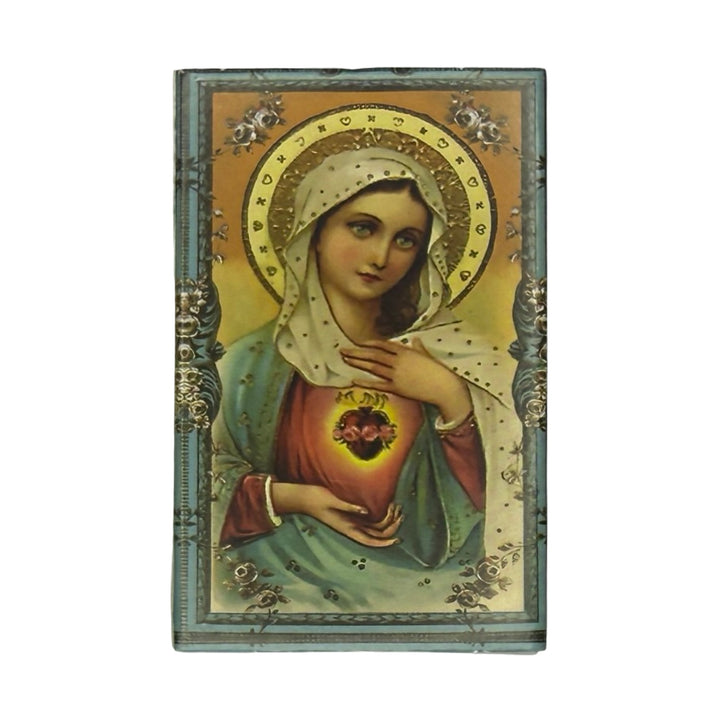 Matchbox with Immaculate Heart of Mary, hand on heart.